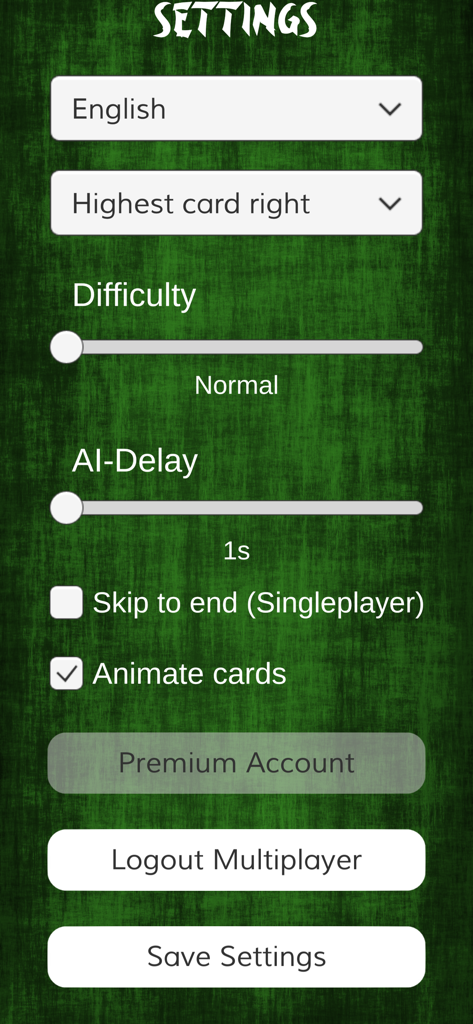 Tichu one - Settings menu of the Tichu one app showing options for game difficulty, language, and card sorting preferences.