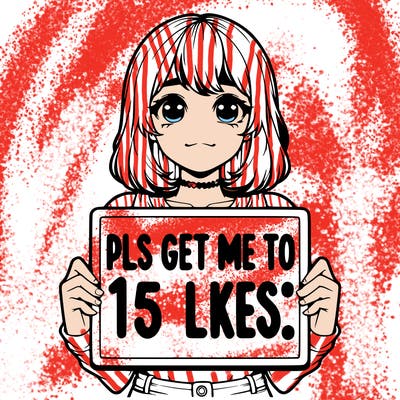 realistic girl holding up a sign that says “pls get me to 15 likes!”