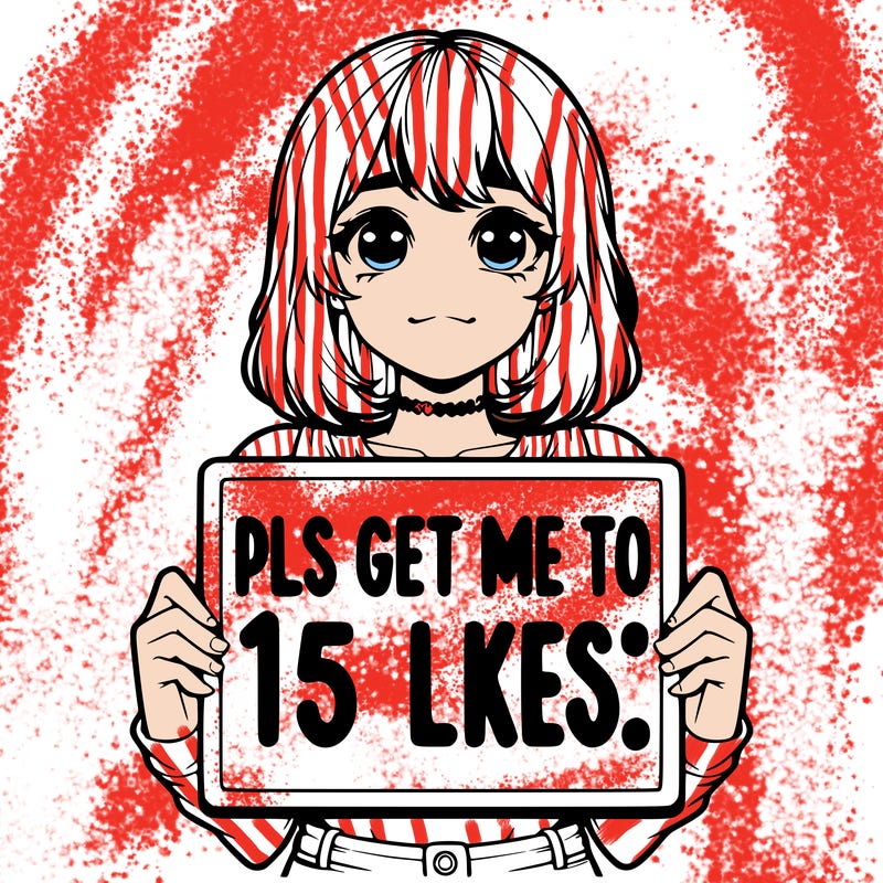 realistic girl holding up a sign that says “pls get me to 15 likes!”