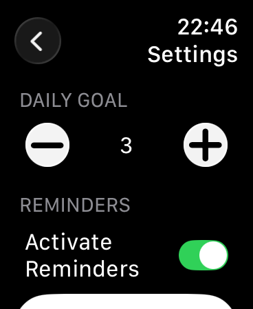 HardSet Apple Watch settings screen showing a daily goal counter and an activate reminders toggle.