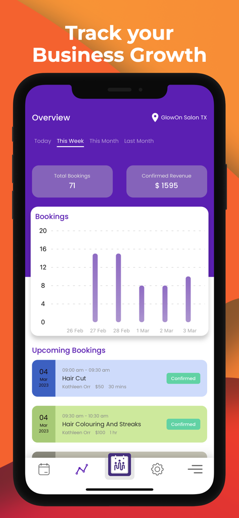 Picktime - Dashboard of Picktime app showing business growth analytics and upcoming bookings