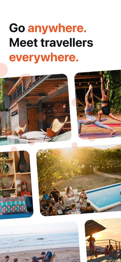 Hostelworld: Hostel Travel App - ホステルのプールで社交したり、屋外でヨガをしたりする若い旅行者のコラージュ。