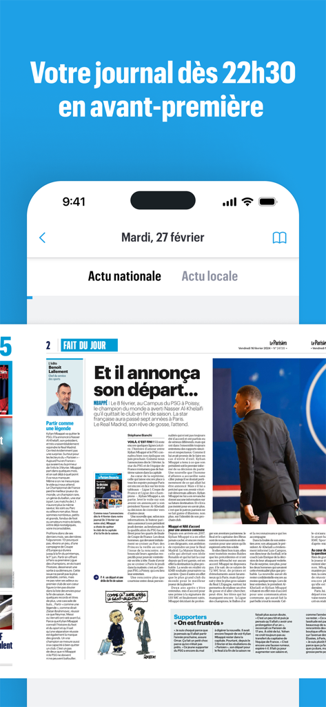 Le Parisien app interface featuring early access to the daily newspaper in digital format