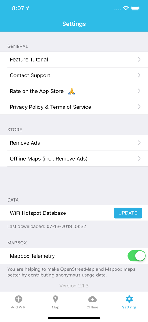 Settings screen of the WiFi Finder app showing options for offline maps, hotspot database updates, and support.