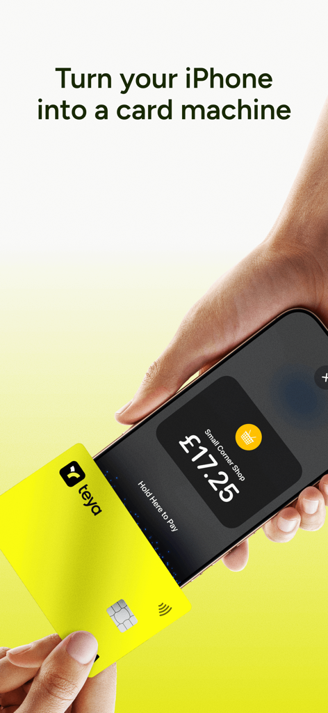 A person using an iPhone as a card machine to accept a payment with a Teya card