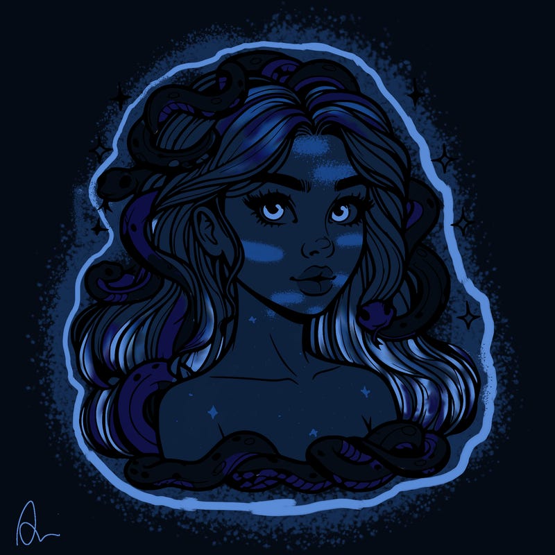 realistic girl with snakes as hair