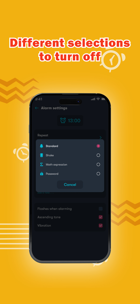 Alarm Clock - Wake up alarm - Alarm clock app interface showing different mission options to turn off the alarm