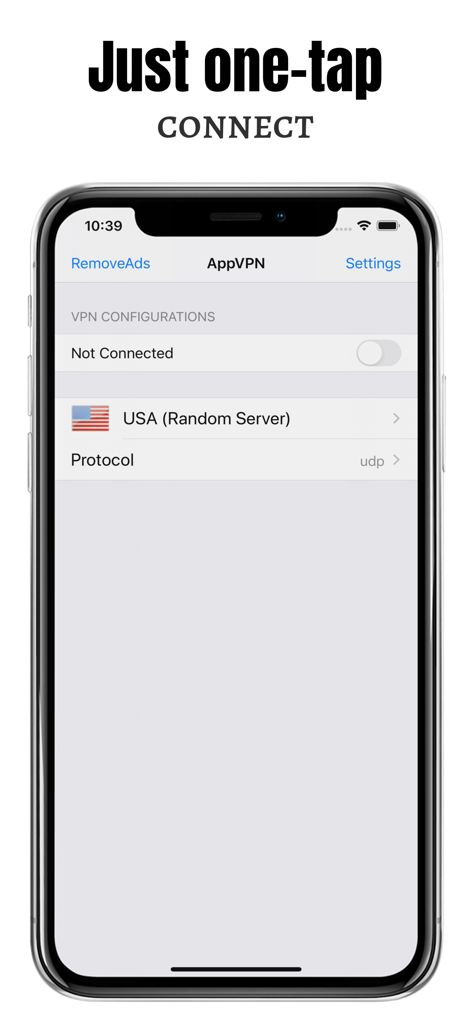 Interface AppVPN sur iPhone présentant une connexion en un seul geste à un serveur aux États-Unis