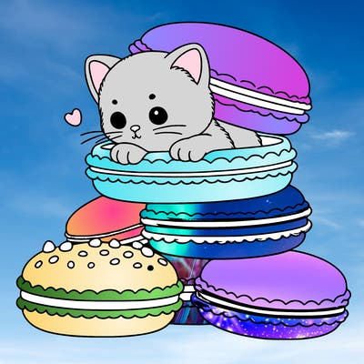 a kitten popping out of a stack of pastel macarons