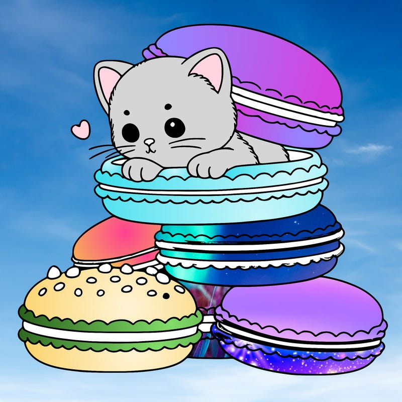 a kitten popping out of a stack of pastel macarons