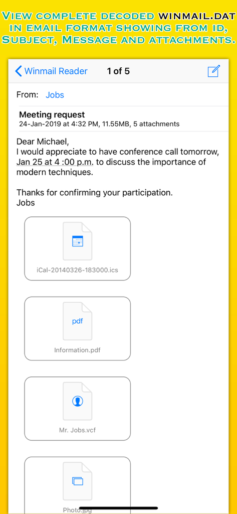 Winmail Reader - Winmail Reader interface showing a decoded email with message content and multiple extracted attachments