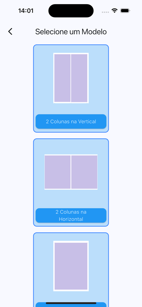 Criar Atividades Escolares Pro - Screen of the app showing options to select vertical or horizontal column templates for school activities.