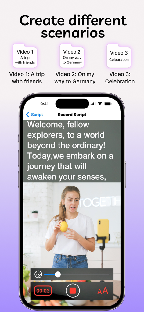 Floating Notes Teleprompter - Un'interfaccia per smartphone che mostra una sessione di registrazione video con uno script teleprompter integrato e icone di gestione dello scenario.