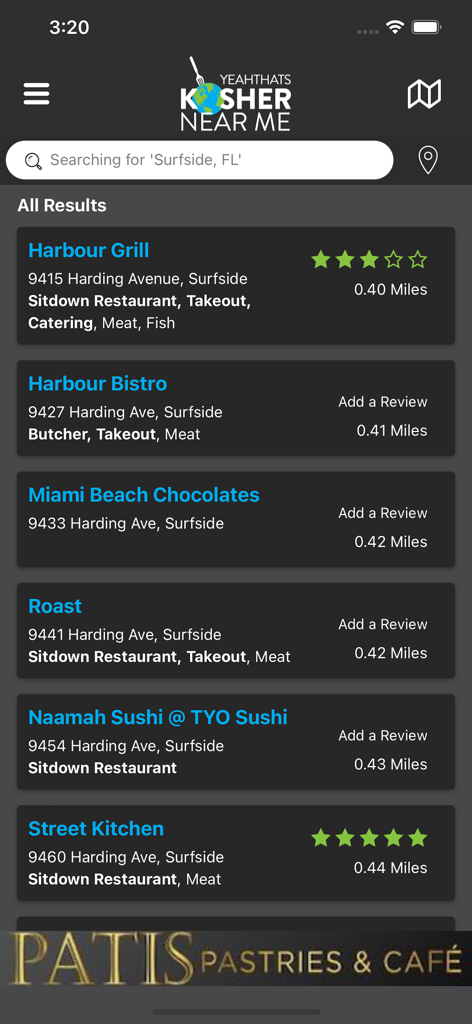 Kosher Near Me - Screenshot of Kosher Near Me app displaying search results for kosher restaurants in Surfside Florida