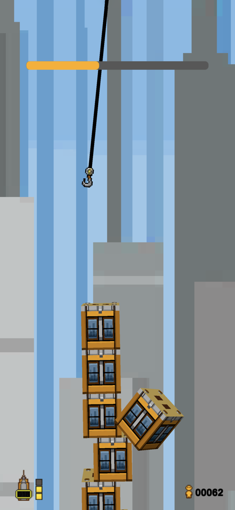 A screenshot of City Bloxx gameplay showing a crane hook above a wobbly tower of building blocks