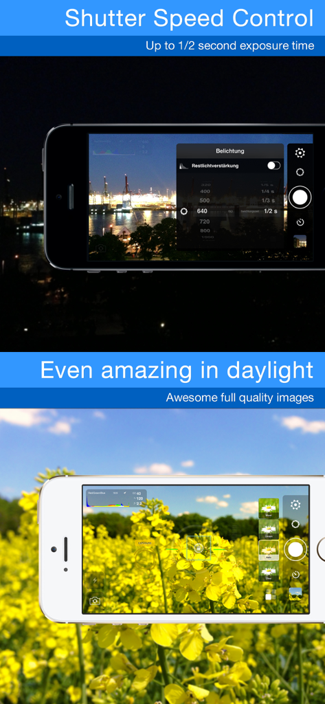 Night Camera HD - Night Camera HD interface showing manual shutter speed control and professional quality daylight photography