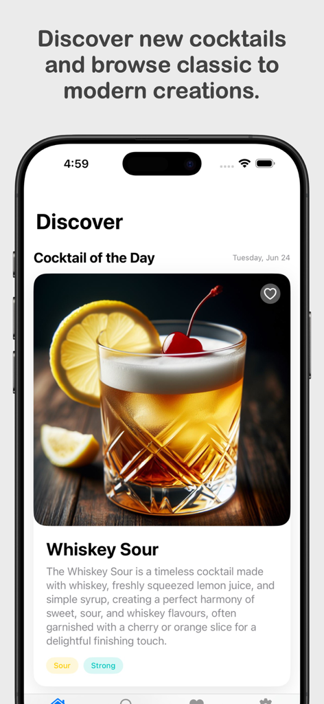 Cocktail Codex - Pantalla Descubrir de la aplicación Cocktail Codex, presentando un Whiskey Sour como el Cóctel del Día.
