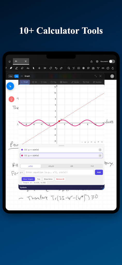MathNotes: AI Notes for STEM - MathNotes app interface on iPad showing a graphing calculator tool and handwritten math notes