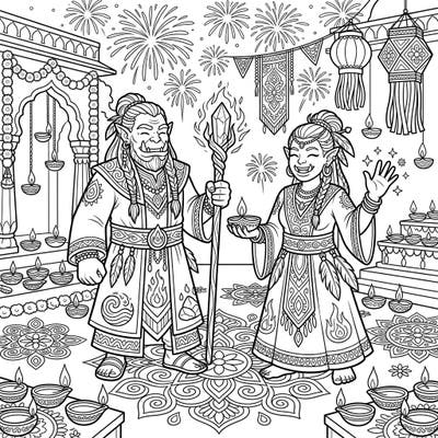 Immerse yourself in a unique celebration as mighty Orc Shamans light up the night for Diwali! This enchanting coloring page blends fantasy lore with the vibrant spirit of the Festival of Lights.