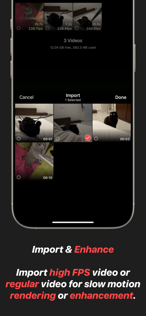 Slogger: Pro Slow Motion - Interface of Slogger app showing high FPS video import and enhancement features