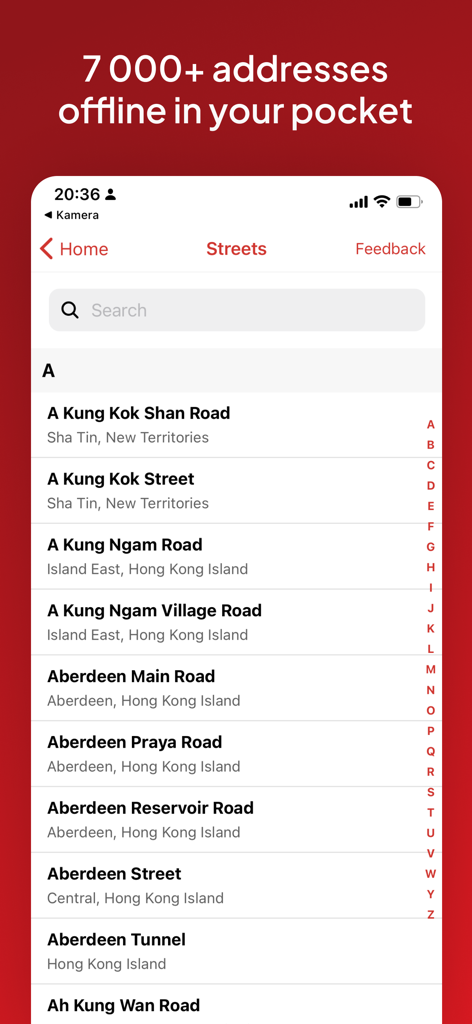 Hong Kong Taxi Translator - Hong Kong Taxi Translator app showing an alphabetical list of offline street addresses for navigation