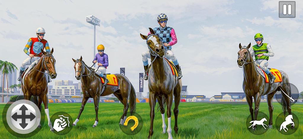 Pony Games Strategy Race - Four jockeys on horses standing on a green racetrack in the Pony Games Strategy Race mobile app.