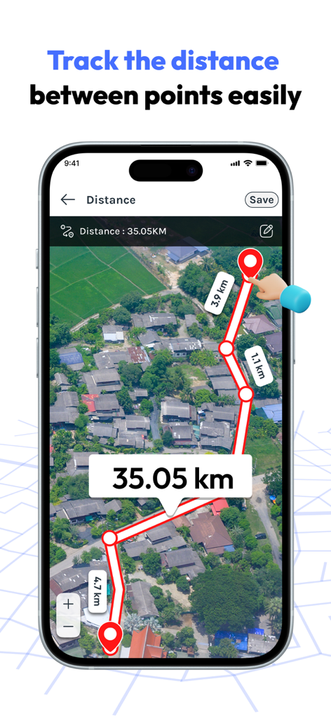 FieldCalc - GPS Area Measure - Pantalla de smartphone que muestra la aplicación FieldCalc midiendo la distancia entre múltiples puntos en un mapa satelital