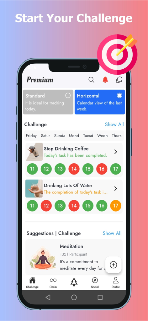 매일 진행 상황 표시기가 있는 물 마시기 및 커피 끊기 챌린지를 표시하는 Wipepp 습관 추적기 앱