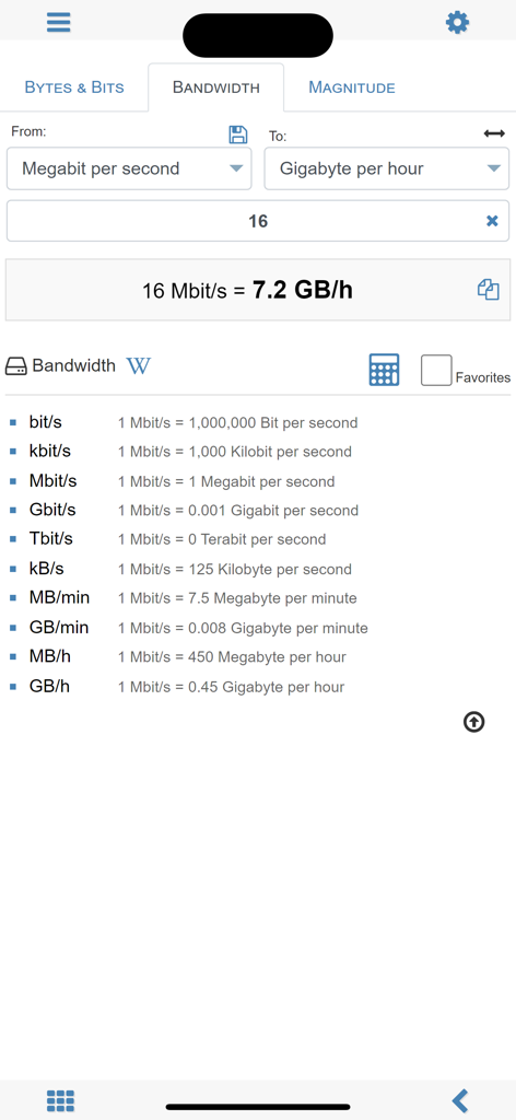 Unit converter MxUnit Pro - MxUnit Pro app interface showing bandwidth conversion from Megabits per second to Gigabytes per hour