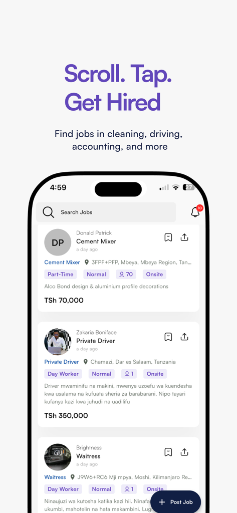 Captura de pantalla móvil de la aplicación Daywaka que muestra ofertas de trabajo para diferentes roles como conductor y camarera.
