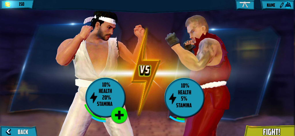 Écran de confrontation VS dans Karate Kings Fight 26 montrant deux combattants d'arts martiaux et leurs statistiques de vie et d'endurance.