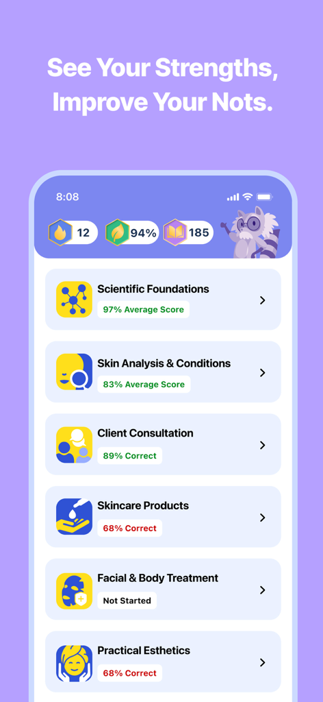 Mobile app dashboard showing study categories and progress scores for the esthetician and cosmetology licensure exam