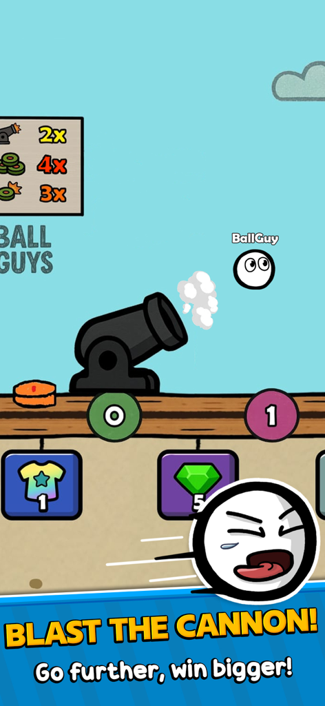 Ball Guys : Stumble & Fall - Un personnage sphérique blanc étant lancé depuis un canon dans le jeu mobile Ball Guys.