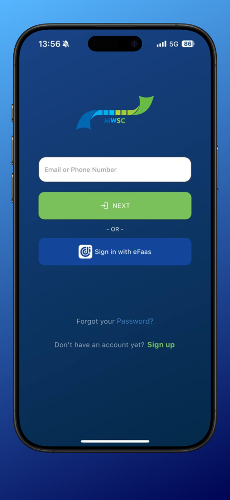 MWSC - MWSC mobile app login screen with email and phone number input fields