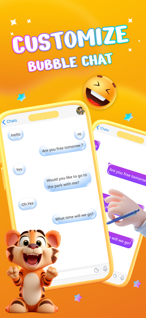 Funny Emoji - WASticker Maker - Captura de pantalla de la aplicación Funny Emoji mostrando estilos de burbujas de mensajes personalizados y una mascota de tigre de dibujos animados.