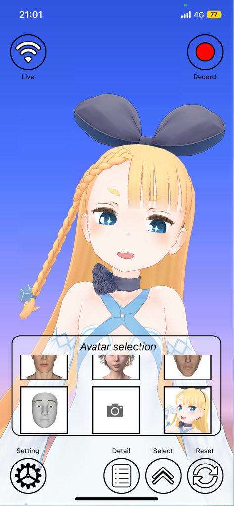 Interface of FACEMOTION3D showing an anime character and various 3D model options for facial motion capture