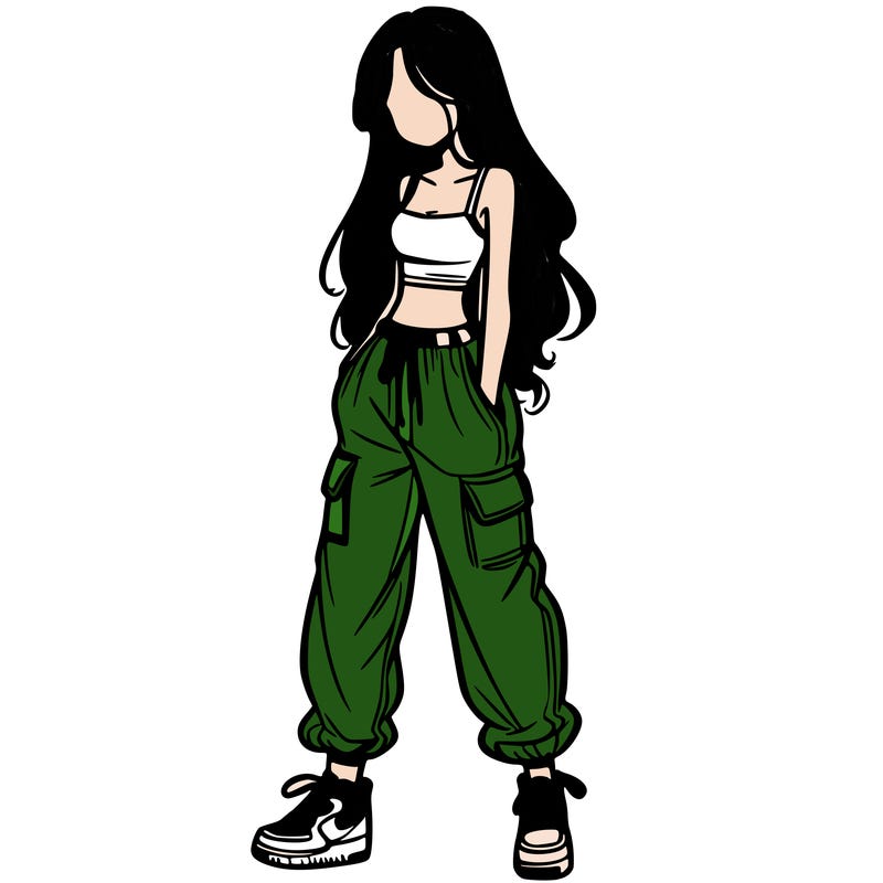 girl in baggy pants crop top and long hair