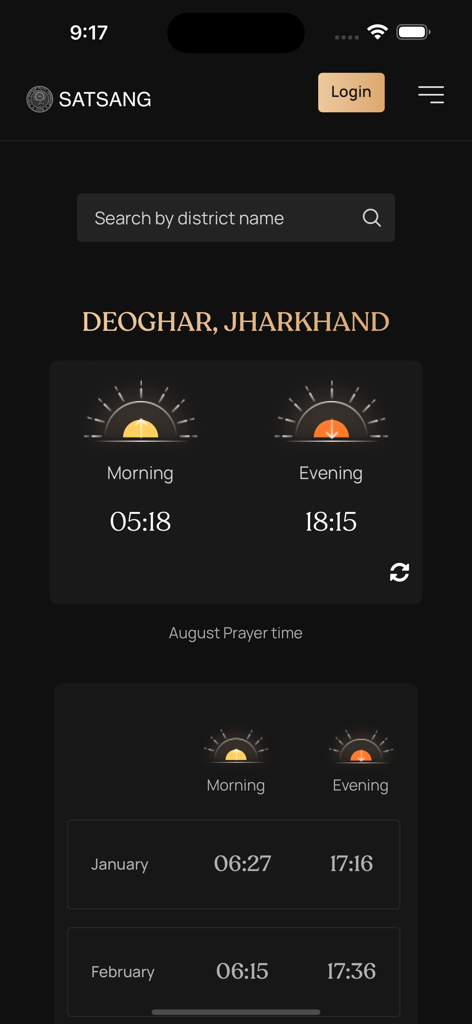 Satsang Official - Satsang Official app interface displaying morning and evening prayer times for Deoghar Jharkhand