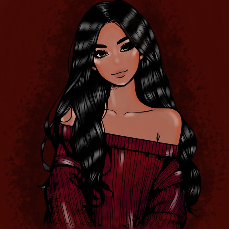 realistic girl with long hair wearing an off the shoulder sweater