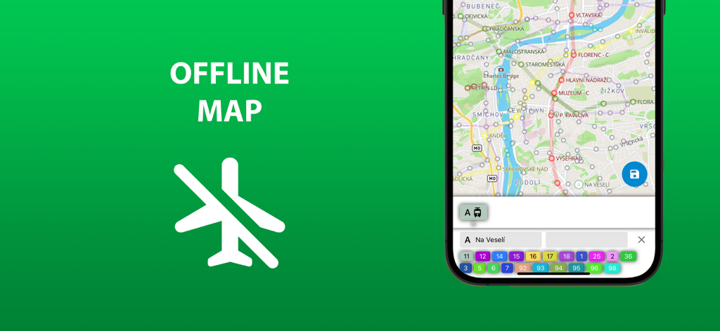 Écran d'iPhone affichant la carte hors ligne des transports en commun de Prague avec les lignes de métro et de tramway