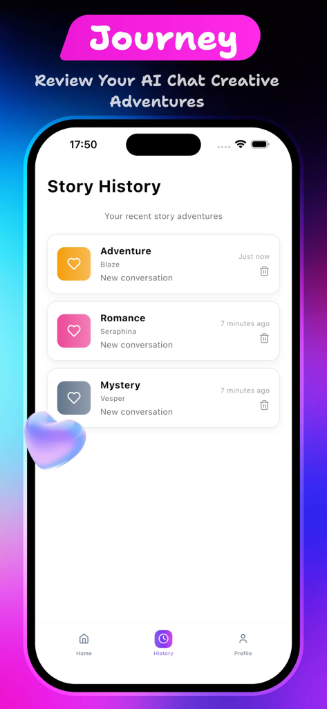The Curvae app interface displaying a history of AI-generated stories and chat adventures across different genres.