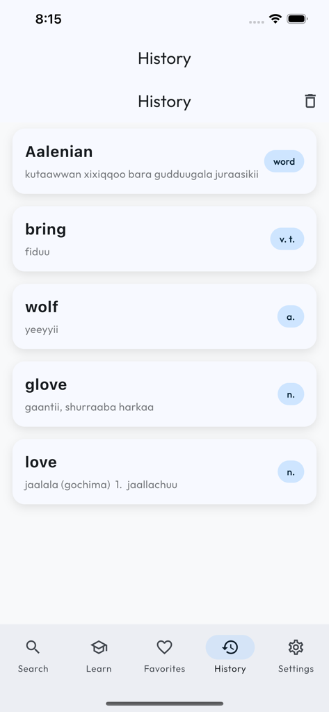 Oromo English Dictionary - Search history screen showing English to Oromo word translations