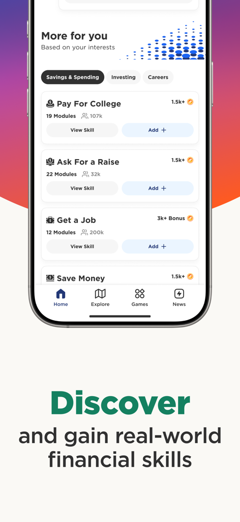 Zogo app interface displaying various educational modules for financial literacy and career skills.