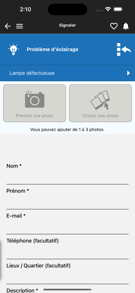 myMairie - The myMairie app interface showing a form to report a street lighting issue with options to upload photos and enter contact details.