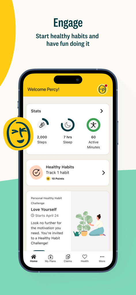 Personify Health - Personify Health app dashboard displaying daily activity stats and personal healthy habit challenges.