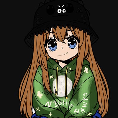 girl with anime shaped eyes with a dinosaur bucket hat oversized sweatshirt long straight hair