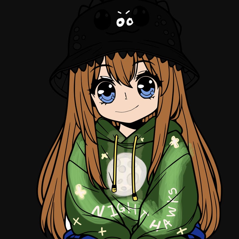 girl with anime shaped eyes with a dinosaur bucket hat oversized sweatshirt long straight hair