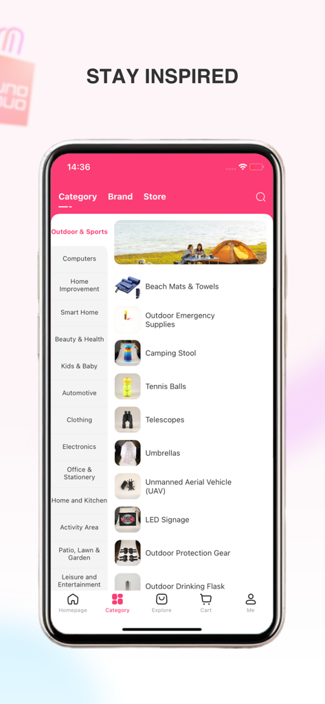 UNOUNO - Shopping Online - Interface do aplicativo móvel UNOUNO mostrando categorias de produtos para atacado de equipamentos esportivos e ao ar livre.