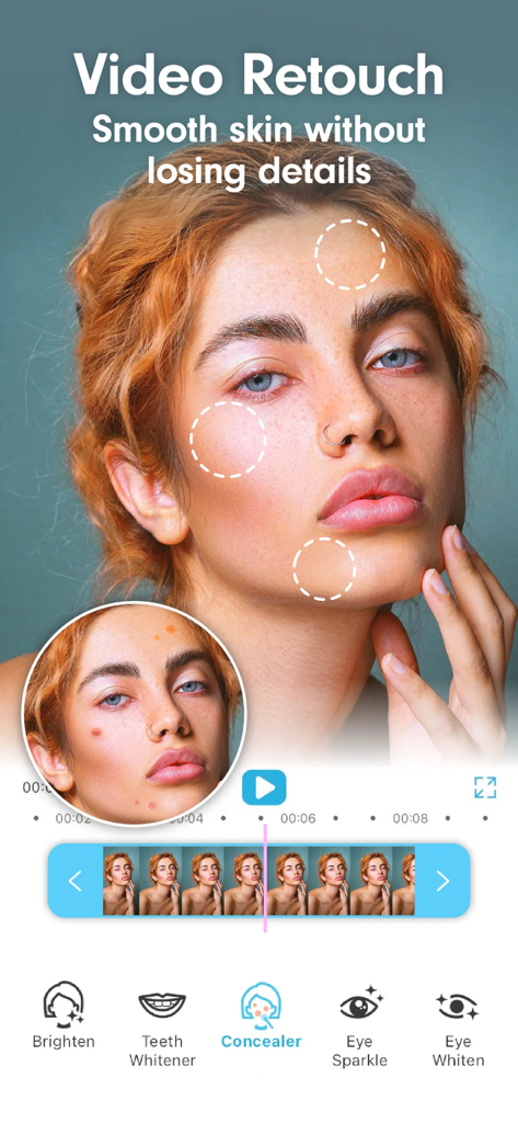 Die YouCam Video App-Oberfläche zeigt Werkzeuge zur Hautglättung und für Concealer, die auf dem Gesicht einer Frau verwendet werden