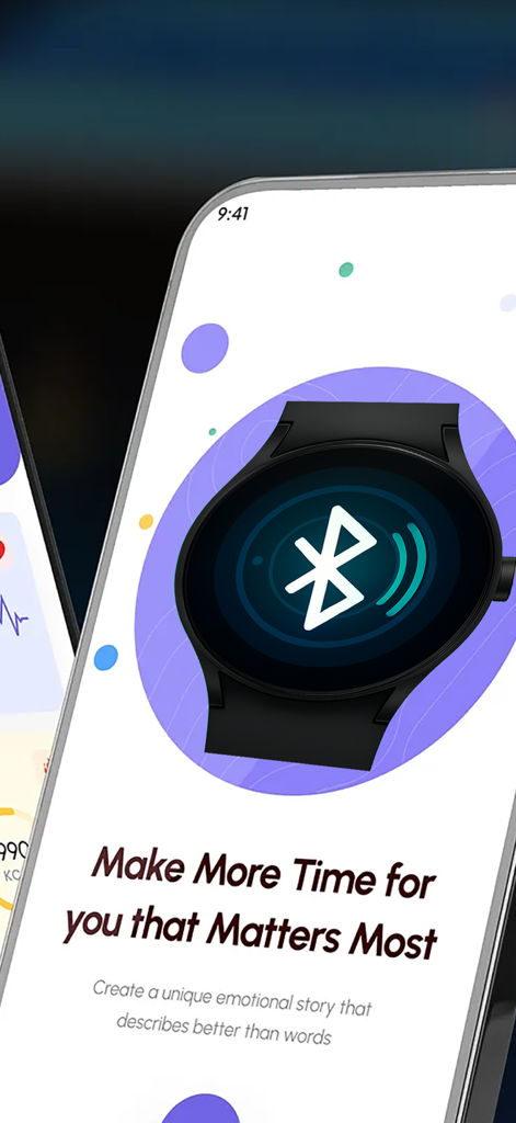 Watch Sync App - BT Smartwatch - Écran d'iPhone affichant une montre intelligente avec une icône Bluetooth et un texte de motivation sur le fait de gagner du temps.
